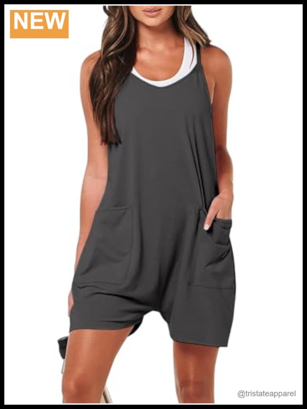 Women Sleeveless Spaghetti Strap Romper with Pockets Loose Fit V-Neck Shorts